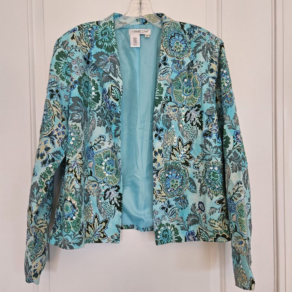 Coldwater Creek Colorful Tapestry Open Front Tropical Boho Blazer Jacket SZ Med